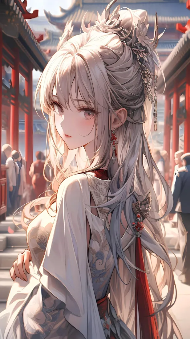 银发古风美少女手机壁纸｜中式古建筑背景图片 - 二次元插画「哲风壁纸」