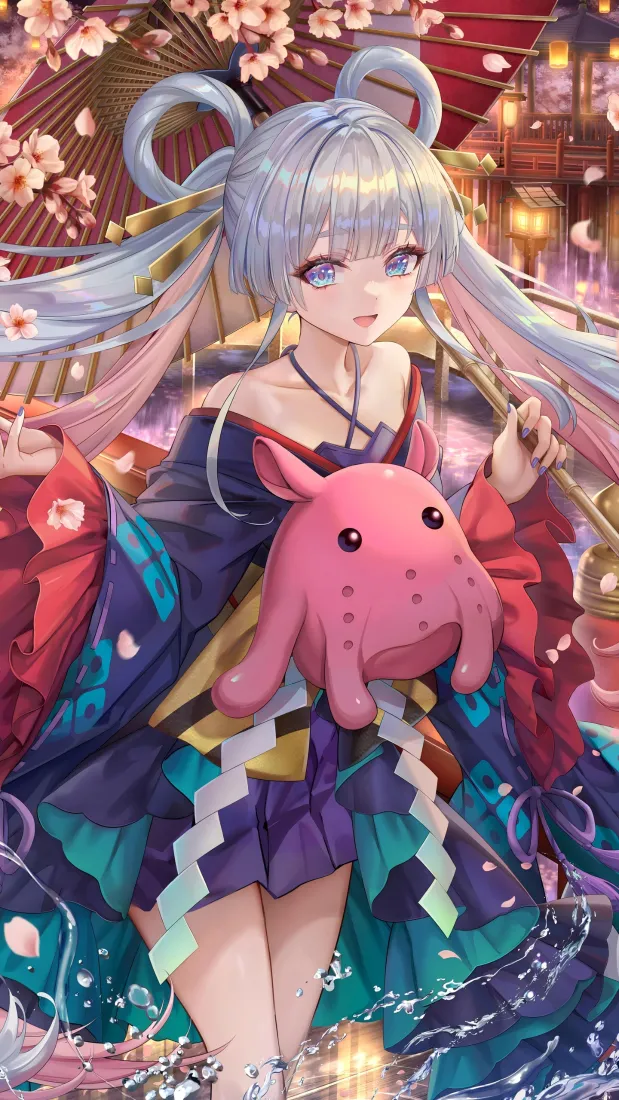 银发美少女手机壁纸｜樱花和服背景图片 - 二次元古风插画「哲风壁纸」