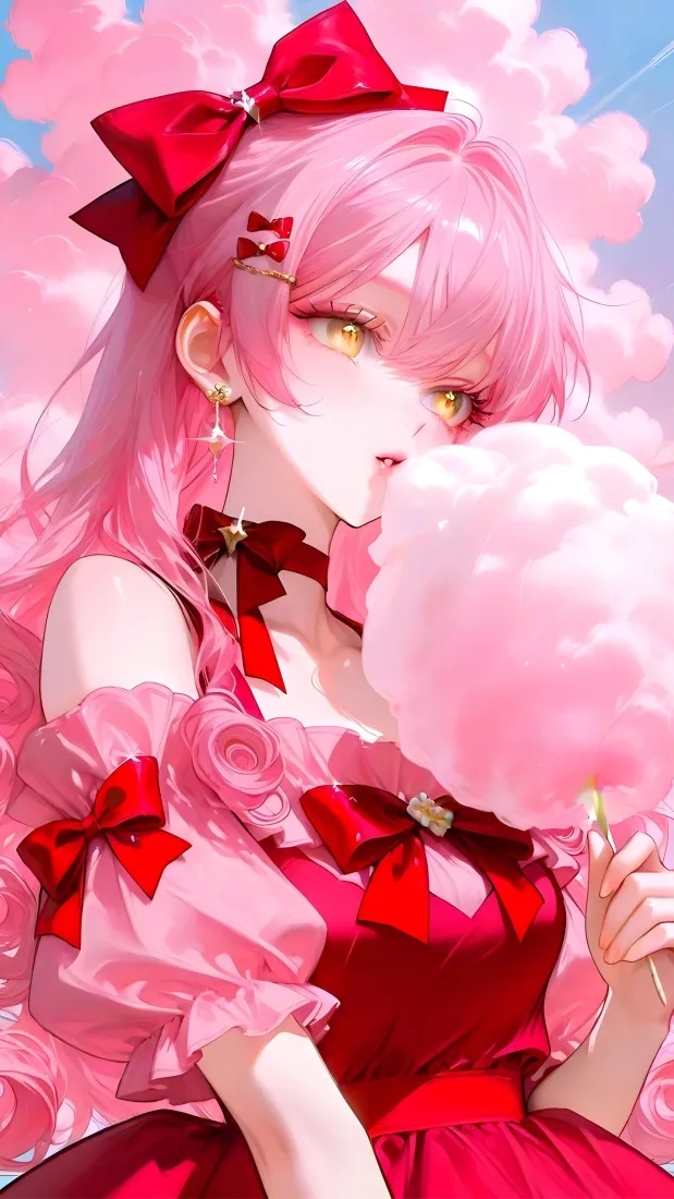粉发美少女手机壁纸｜粉色云朵背景图片 - 甜美二次元插画「哲风壁纸」