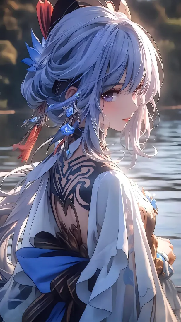 二次元美少女手机壁纸｜水边光影背景图片 - 古风蓝发少女「哲风壁纸」