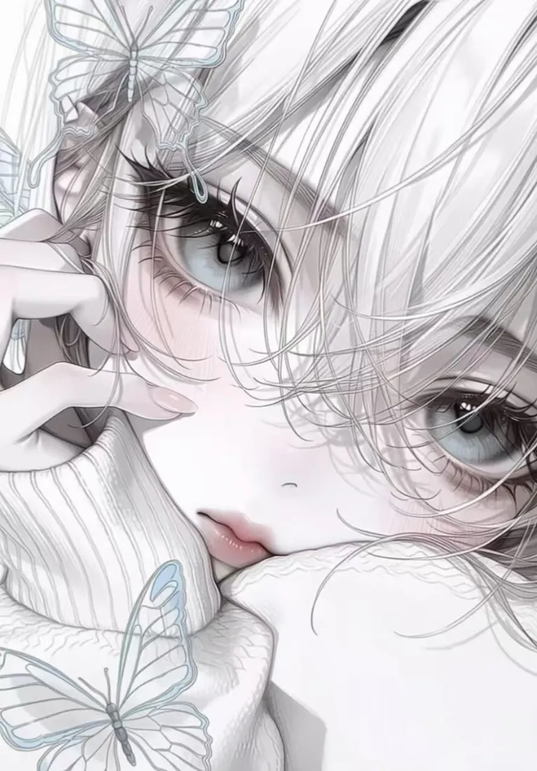 二次元白发少女手机壁纸｜蝴蝶清冷背景图片 - 淡颜插画「哲风壁纸」