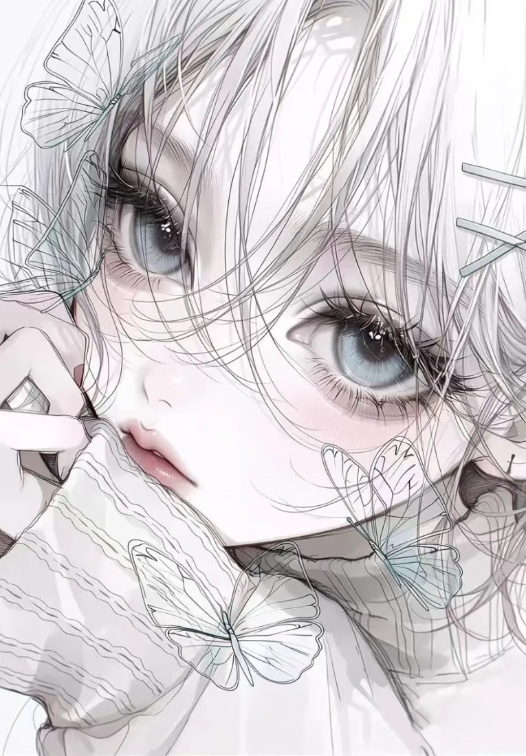 银发二次元少女手机壁纸｜蝴蝶线稿风背景图片 - 清冷插画「哲风壁纸」
