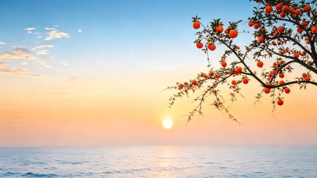 4k柿子树壁纸｜海上落日背景图片 - 秋日治愈自然风景「哲风壁纸」