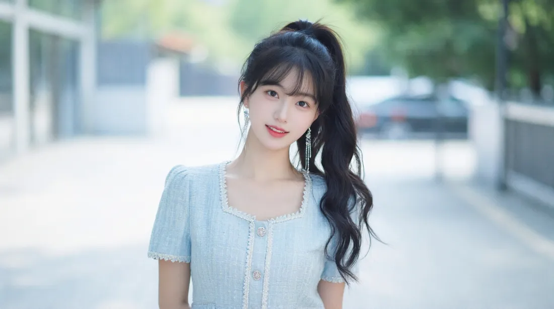2k高马尾少女壁纸｜户外街景背景图片 - 浅蓝穿搭写真「哲风壁纸」