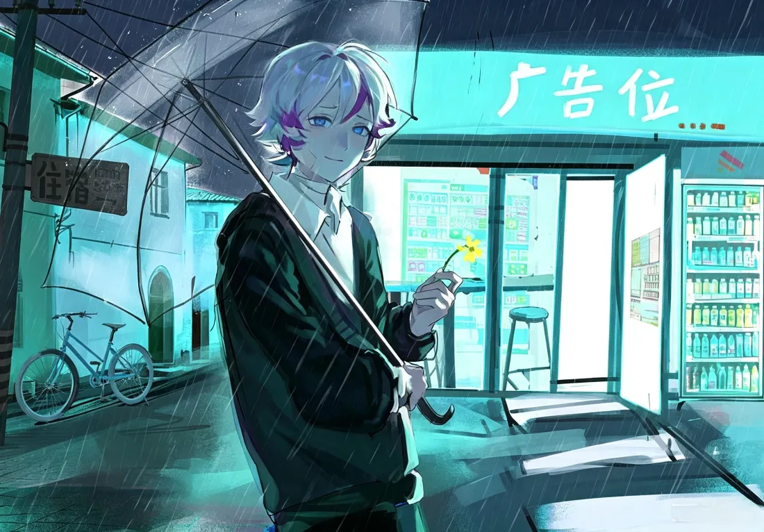 3k忧郁白发少年壁纸｜雨天街头便利店背景图片 - 冷调二次元插画「哲风壁纸」