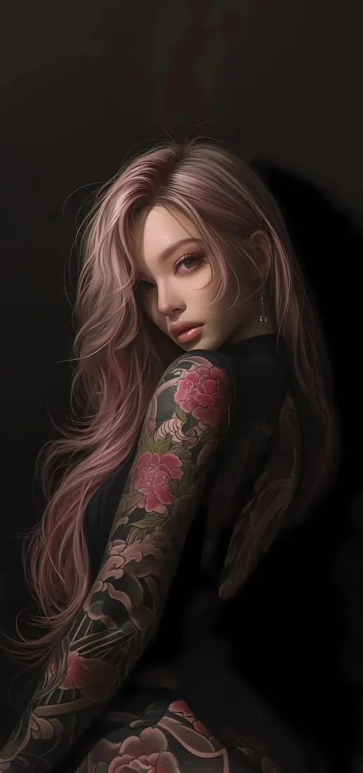 粉发花臂少女手机壁纸｜暗黑氛围感背景图片 - 质感人像「哲风壁纸」
