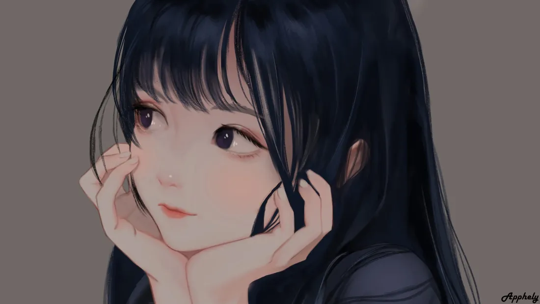 4k黑长直可爱少女壁纸｜托腮手绘插画背景图片 - 二次元人像「哲风壁纸」