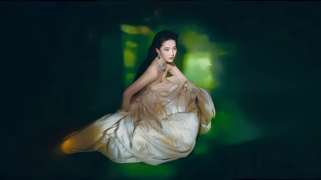4k刘亦菲壁纸｜暗绿调氛围感背景图片 - 抹胸长裙清冷写真「哲风壁纸」
