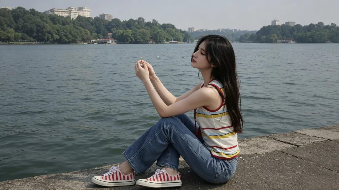 3k长发少女壁纸｜湖边岸堤背景图片 - 休闲清新治愈「哲风壁纸」