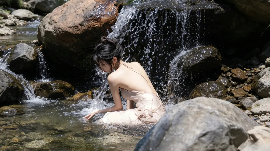 3k溪谷少女壁纸｜山涧瀑布背景图片 - 清新氛围感户外写真「哲风壁纸」