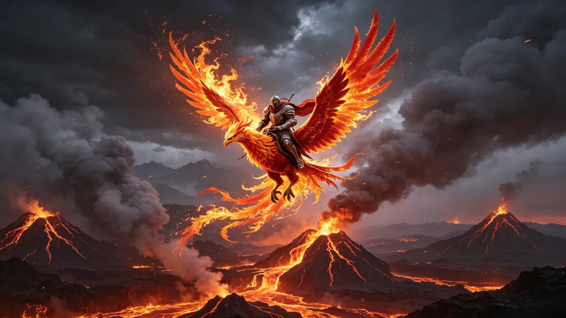 3k火凤凰骑士壁纸｜火山熔岩背景图片 - 暗黑魔幻风格「哲风壁纸」