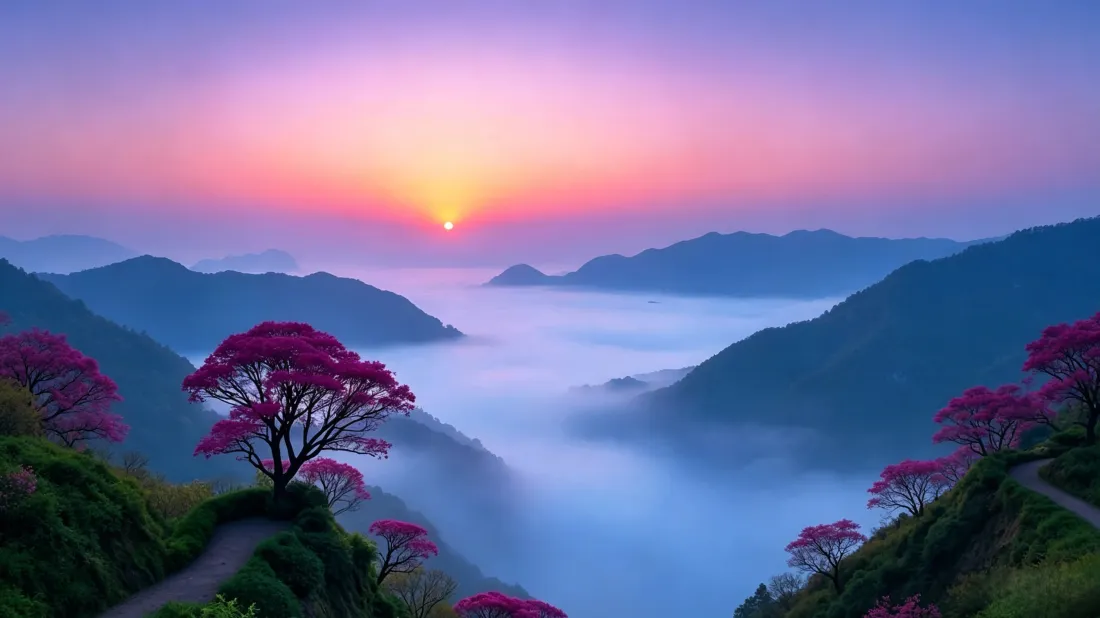 3k山间云海日出壁纸｜红枫山峦雾气背景图片 - 治愈自然风景「哲风壁纸」