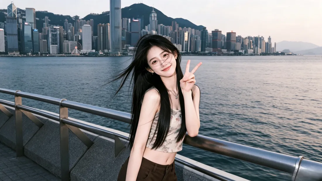 3k甜美美女壁纸｜海边城市天际线背景图片 - 比耶氛围感「哲风壁纸」
