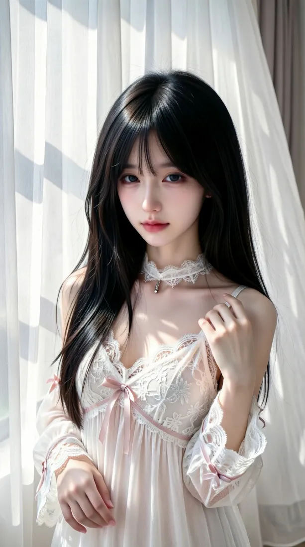 冷白皮少女手机壁纸｜卧室纱帘背景图片 - 蕾丝睡裙清纯写真「哲风壁纸」