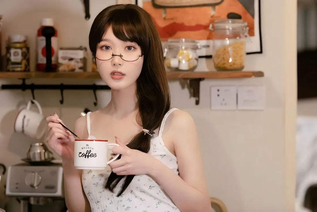 2k眼镜美女写真壁纸｜居家厨房背景图片 - 吊带穿搭少女「哲风壁纸」