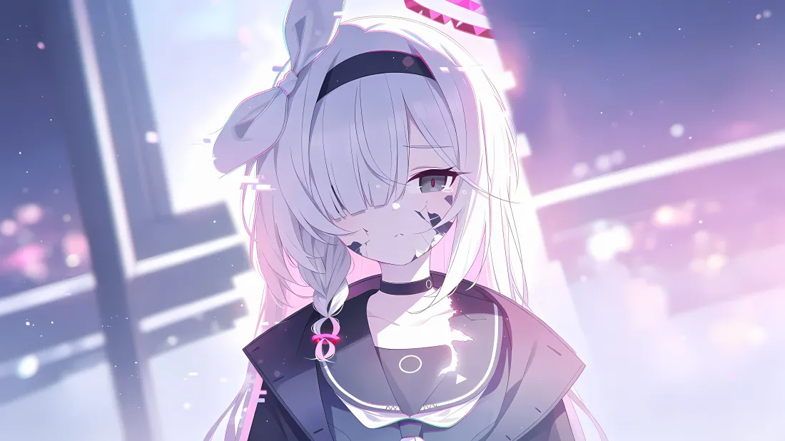 5k月雪宫子壁纸｜粉紫霓虹背景 - 蔚蓝档案二次元少女「哲风壁纸」