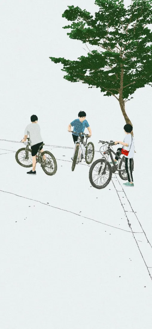 少年骑行手机壁纸｜树林户外背景图片 - 青春手绘插画「哲风壁纸」