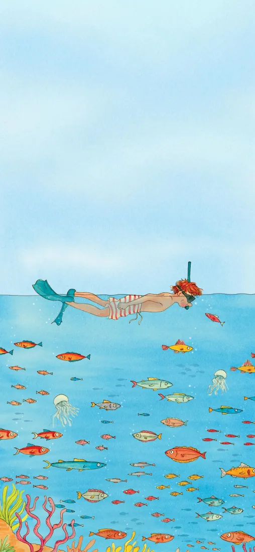 浮潜女孩手机壁纸｜海水鱼群背景图片 - 治愈水下插画「哲风壁纸」