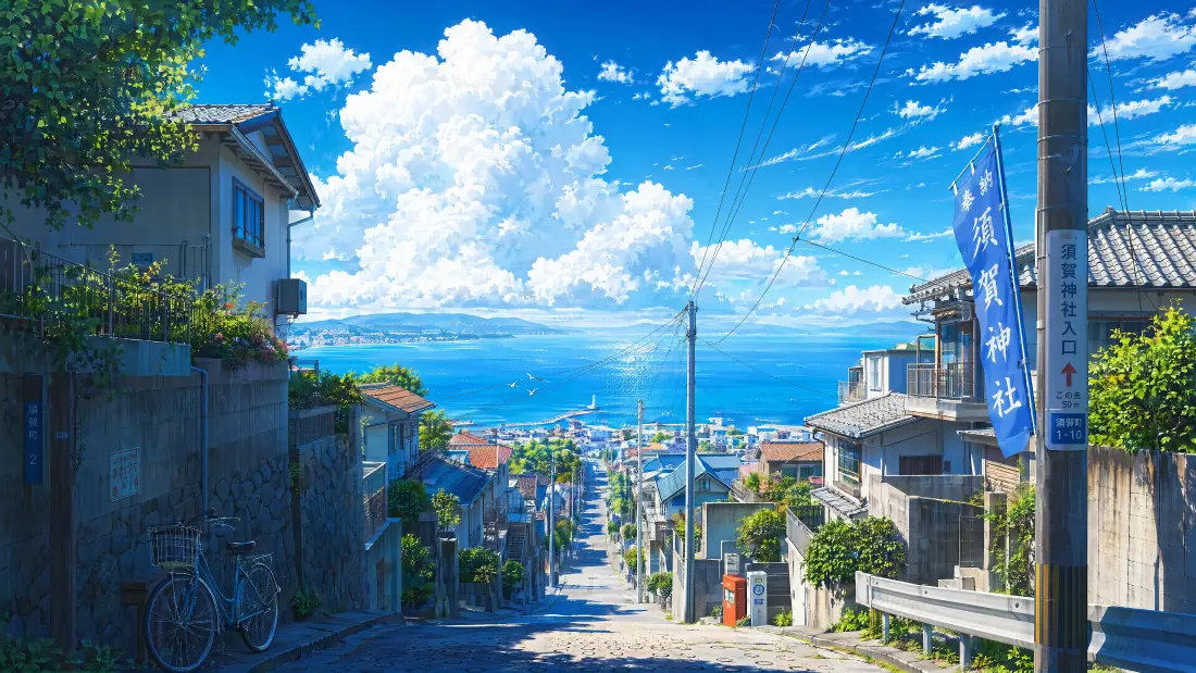 4k日系海边街景壁纸｜动漫小镇背景图片 - 清新治愈风光「哲风壁纸」