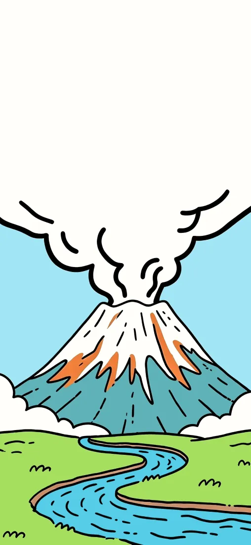 卡通火山爆发手机壁纸｜河流草地背景图片 - 手绘插画「哲风壁纸」