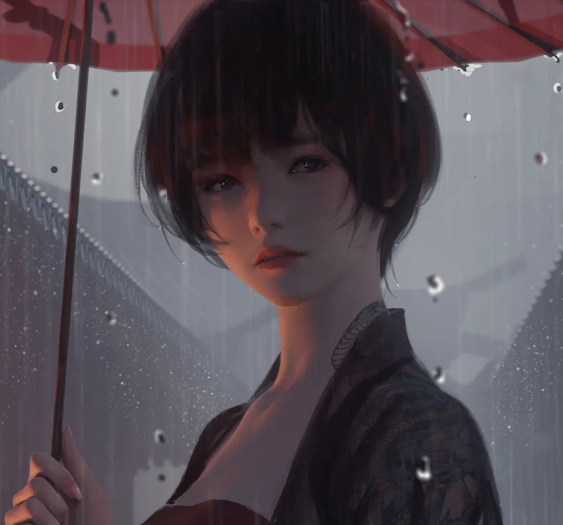 4k鬼刀壁纸｜雨中持伞少女背景图片 - WLOP手绘「哲风壁纸」