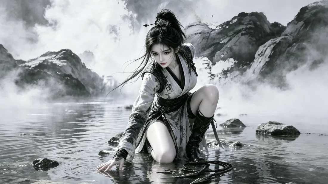 3k水墨古风女侠壁纸｜山水溪流背景图片 - 酷飒国风武侠少女「哲风壁纸」