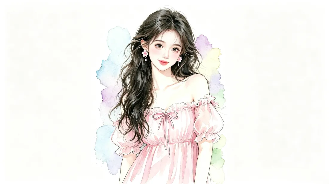 3k手绘少女壁纸｜粉裙卷发背景图片 - 水彩甜美插画「哲风壁纸」
