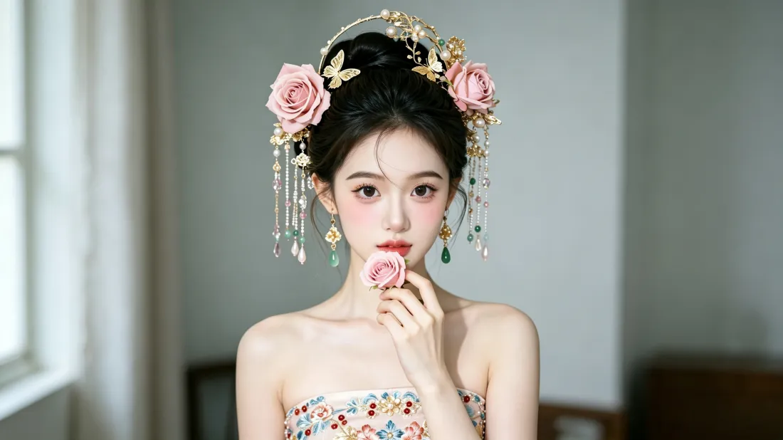 3k古风汉服美女壁纸｜柔美清新背景图片 - 精致玫瑰发饰造型「哲风壁纸」