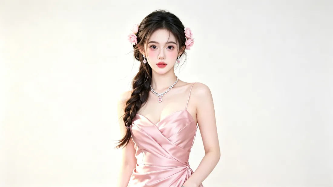 3k粉裙美女壁纸｜纯白背景图片 - 清新氛围感写真「哲风壁纸」
