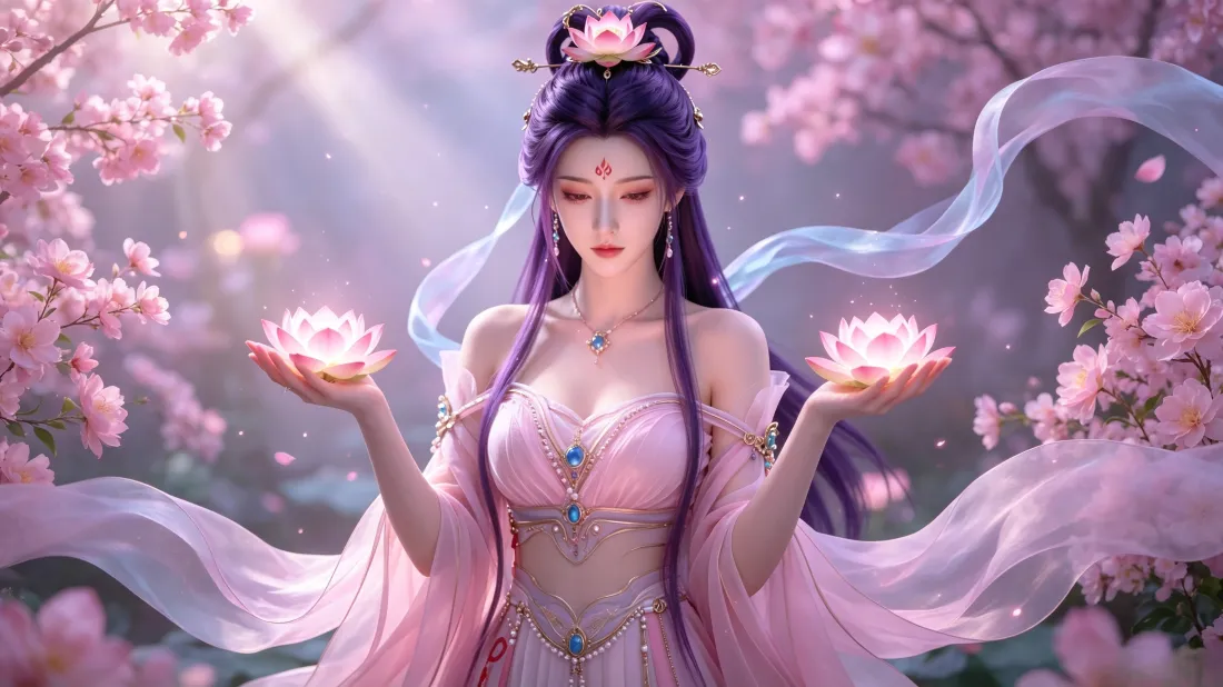 3k古风仙女壁纸｜桃花莲花背景图片 - 紫发国漫女神「哲风壁纸」