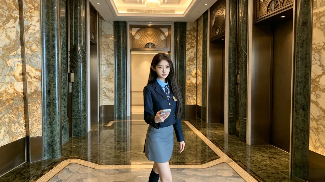 3k学院风长发美女壁纸｜酒店走廊背景图片 - 时尚制服穿搭「哲风壁纸」
