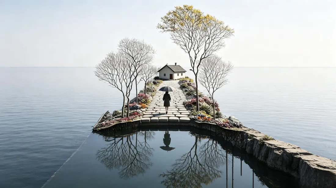 3k湖中小岛壁纸｜静谧水面背景图片 - 打伞行人治愈场景「哲风壁纸」