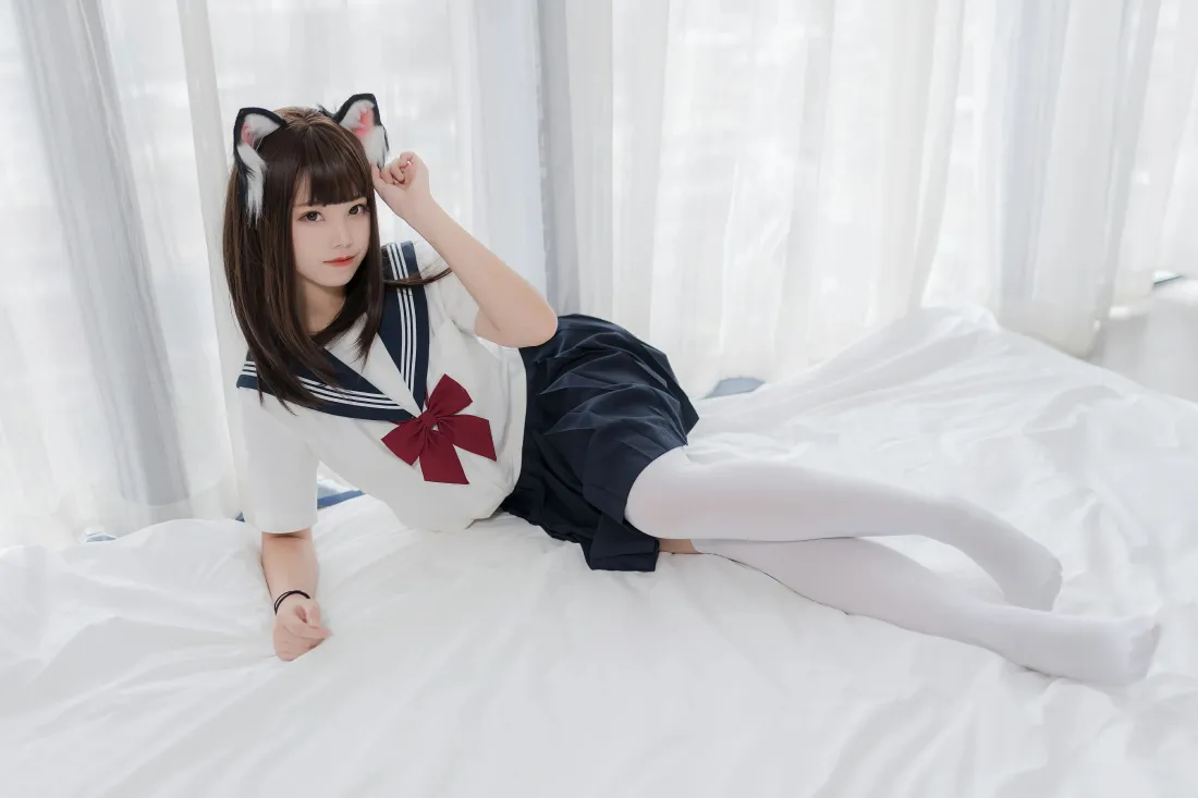 4k蜜汁猫裘壁纸｜猫耳少女背景图片 - JK水手服白丝写真「哲风壁纸」