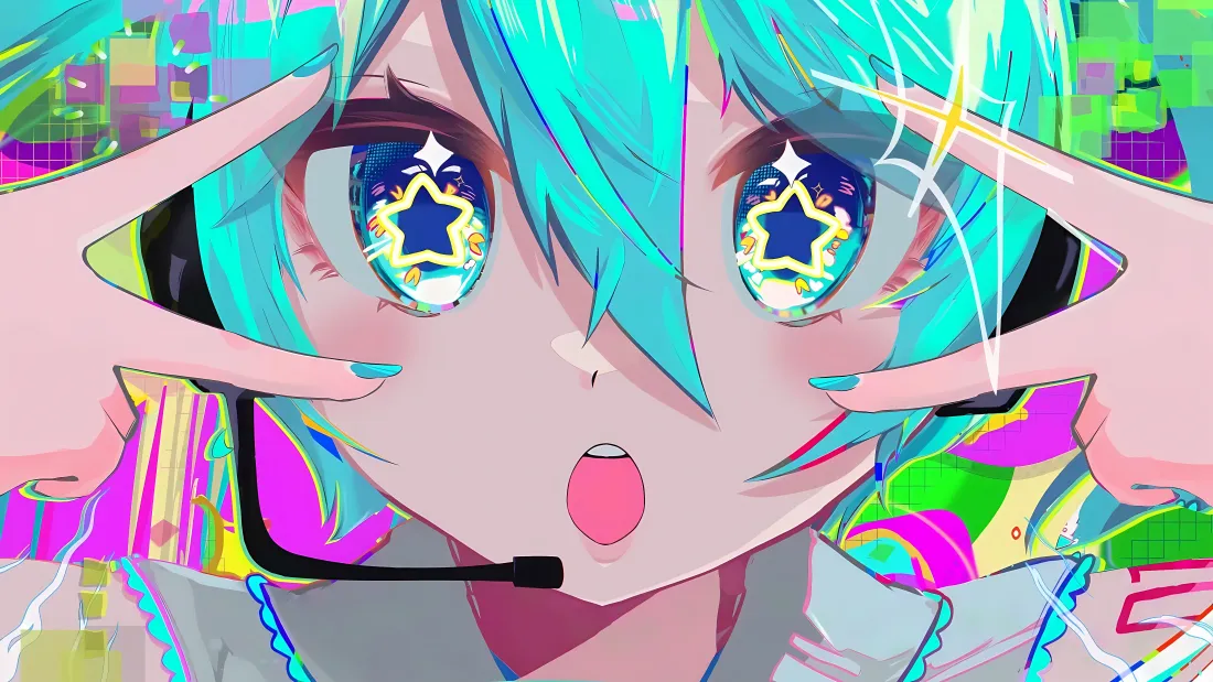8k初音未来壁纸｜蓝发二次元少女背景图片 - 星星眼炫彩头戴麦「哲风壁纸」