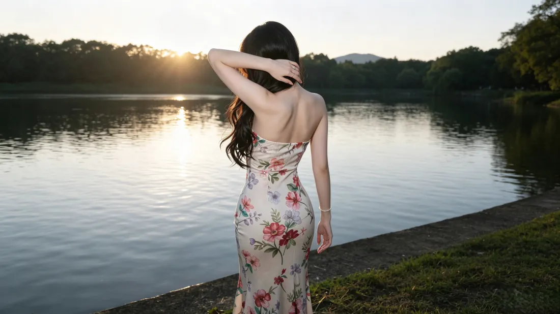 3k露背碎花裙美女壁纸｜湖畔日落背景图片 - 氛围感写真「哲风壁纸」