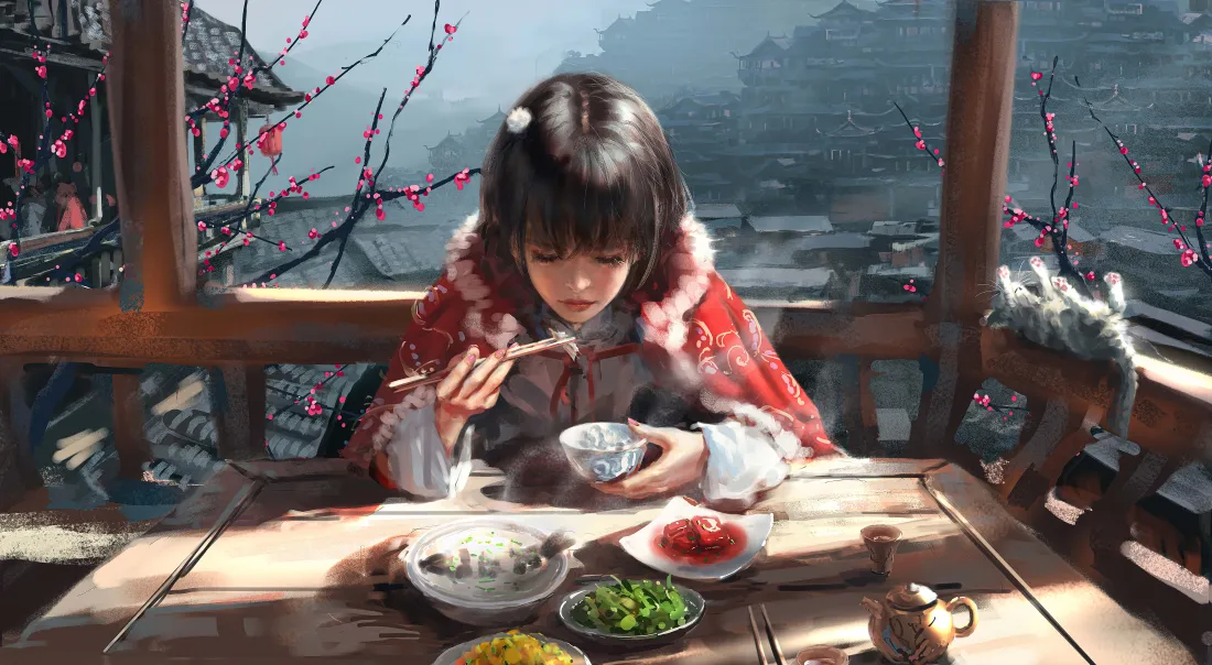 8k鬼刀小绿壁纸｜冬日古风用餐背景图片 - WLOP原创插画「哲风壁纸」