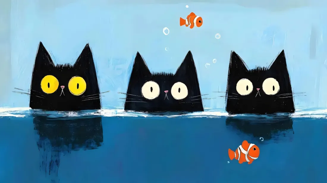 2k可爱小猫壁纸｜卡通水下背景图片 - 黑猫小丑鱼趣味插画「哲风壁纸」