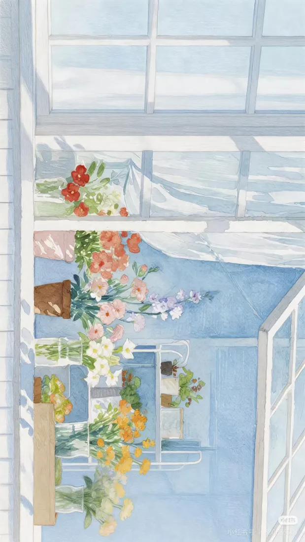 治愈花房手机壁纸｜清新暖阳背景图片 - 甜美风景插画「哲风壁纸」