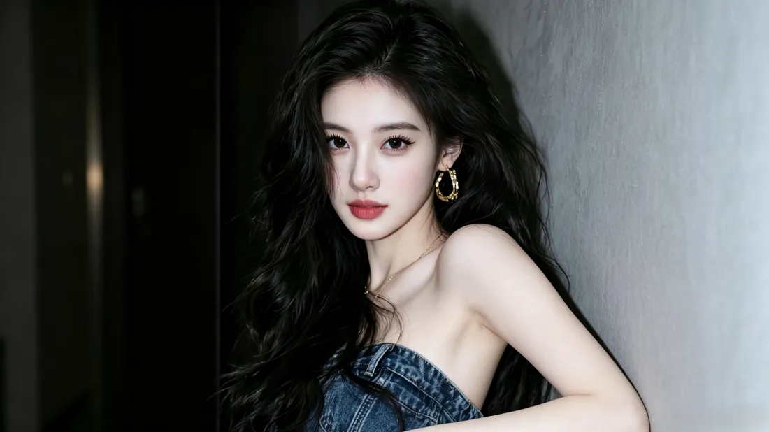 3k氛围感美女壁纸｜牛仔抹胸穿搭背景图片 - 时尚写真「哲风壁纸」