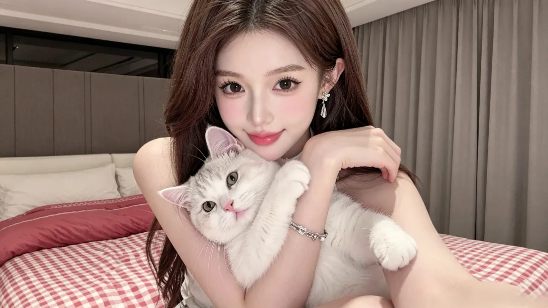 3k美女抱猫壁纸｜卧室居家背景图片 - 甜美氛围感「哲风壁纸」