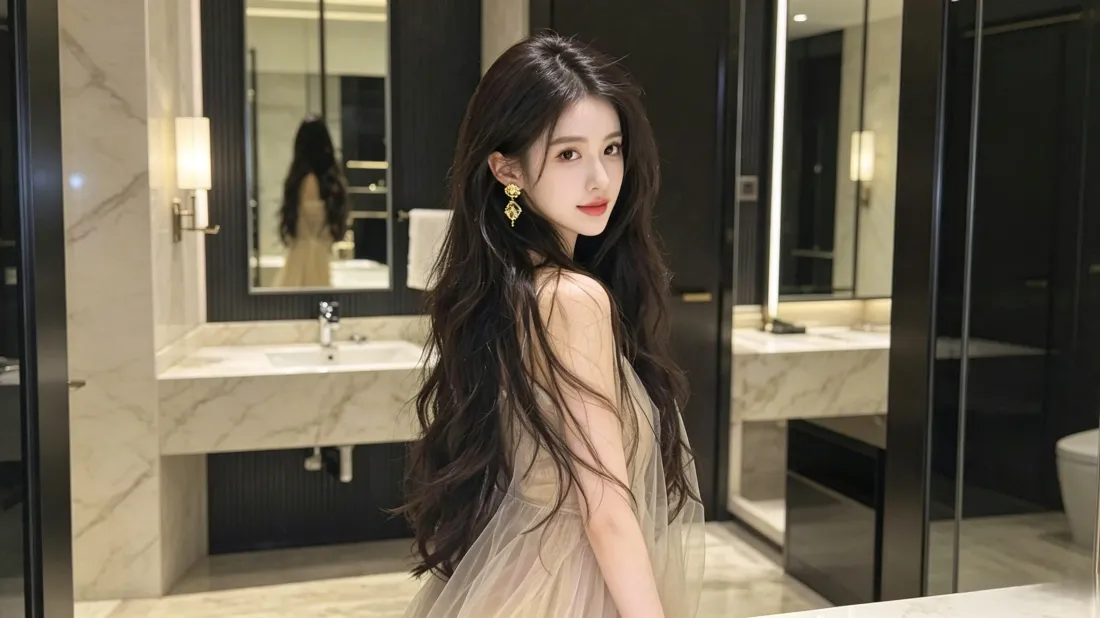 3k长发美女壁纸｜现代酒店卫生间背景图片 - 时尚写真「哲风壁纸」