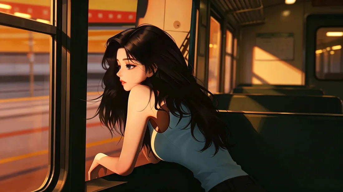 3k长发二次元少女壁纸｜地铁黄昏背景图片 - 暖光氛围感「哲风壁纸」