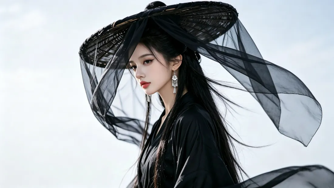 3k古风黑衣美女壁纸｜黑纱斗笠背景图片 - 清冷古装写真「哲风壁纸」