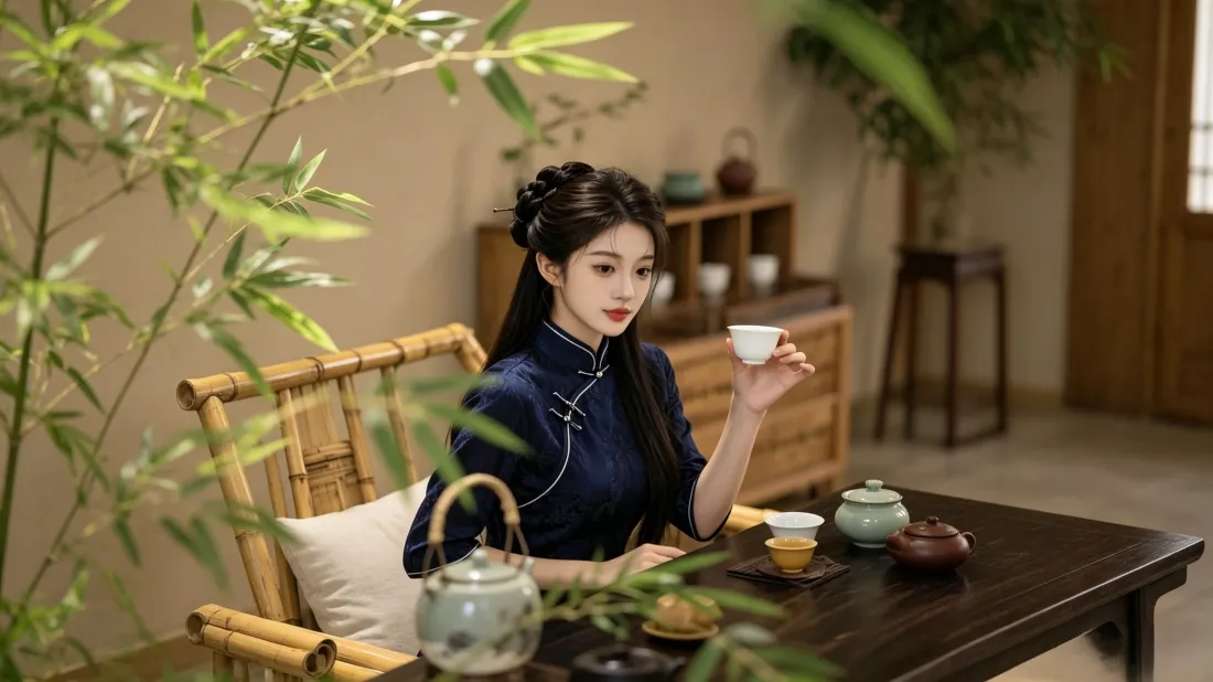 3k旗袍美女壁纸｜中式茶室背景图片 - 品茶国风场景「哲风壁纸」
