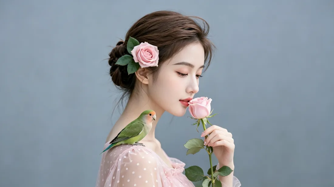 3k温柔美女壁纸｜纯色灰蓝背景图片 - 清新氛围感写真「哲风壁纸」