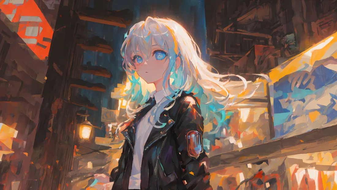 3kAI动漫少女壁纸｜都市霓虹背景图片 - 白发蓝眼皮衣少女「哲风壁纸」