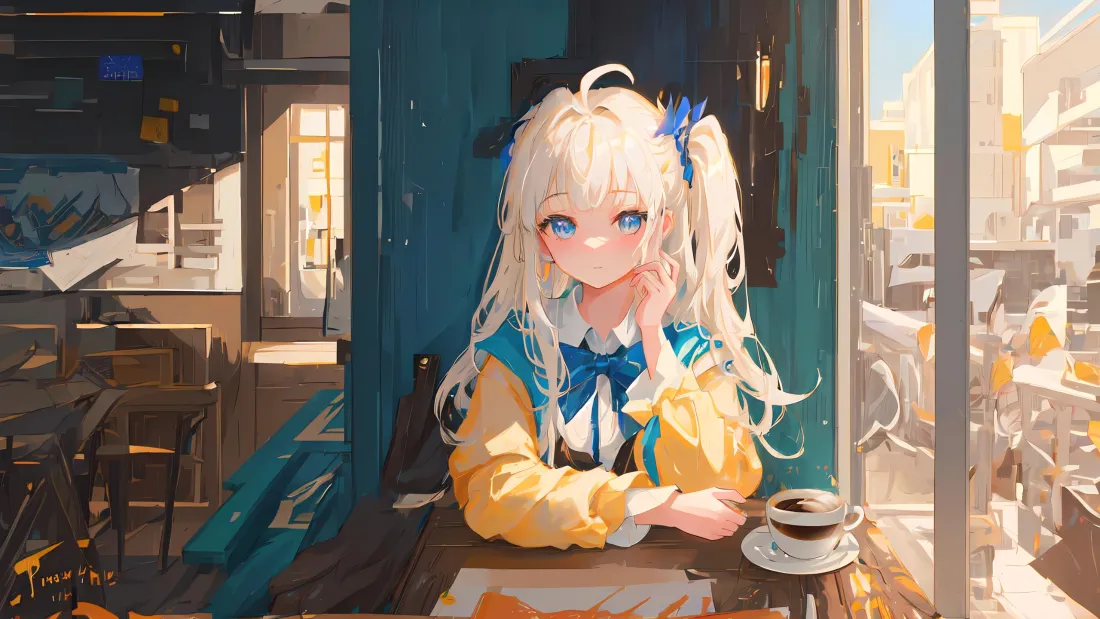 3kAI金发少女壁纸｜咖啡馆休闲背景图片 - 软萌二次元插画「哲风壁纸」