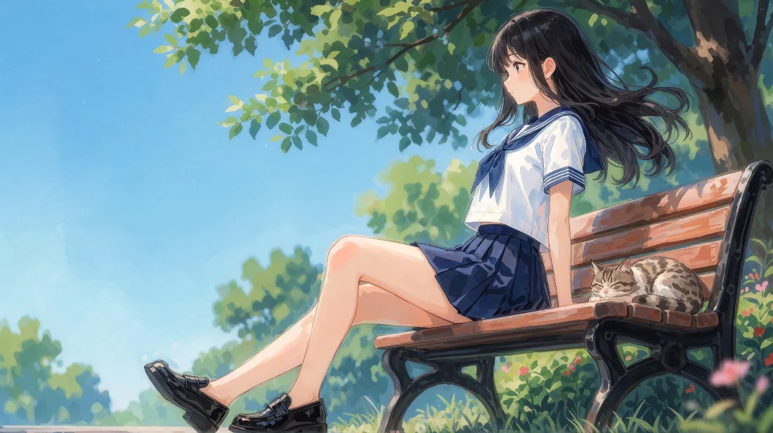 3k水手服少女壁纸｜公园长椅背景图片 - 清新水彩风「哲风壁纸」