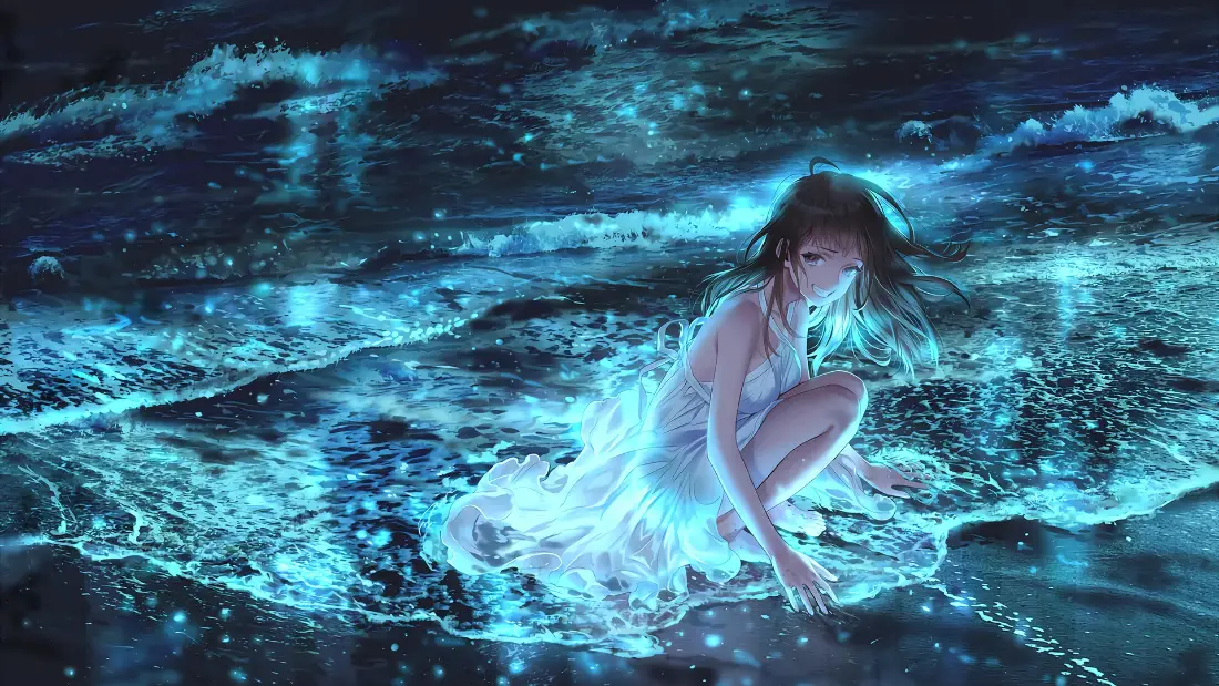 2k荧光海少女壁纸｜海滩海浪背景图片 - 二次元插画「哲风壁纸」