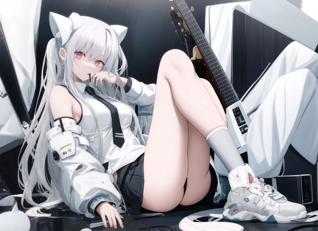 3k白发猫耳少女壁纸｜吉他休闲场景背景图片 - 二次元动漫插画「哲风壁纸」